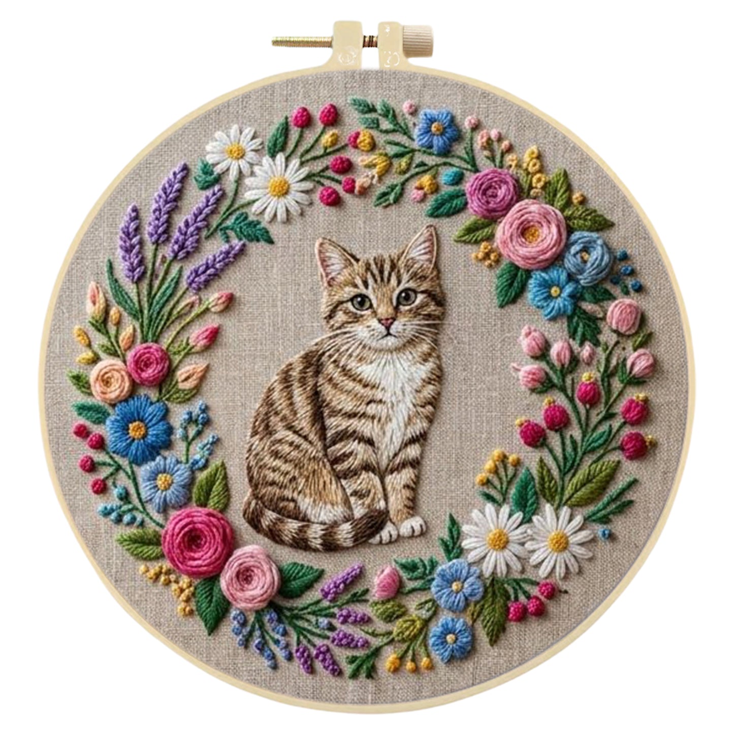 Wreath Cat - DIY Embroidery Cross Stitch Kit with Pattern Cotton Threads Needles Hoop 30x30CM/11.81x11.81in