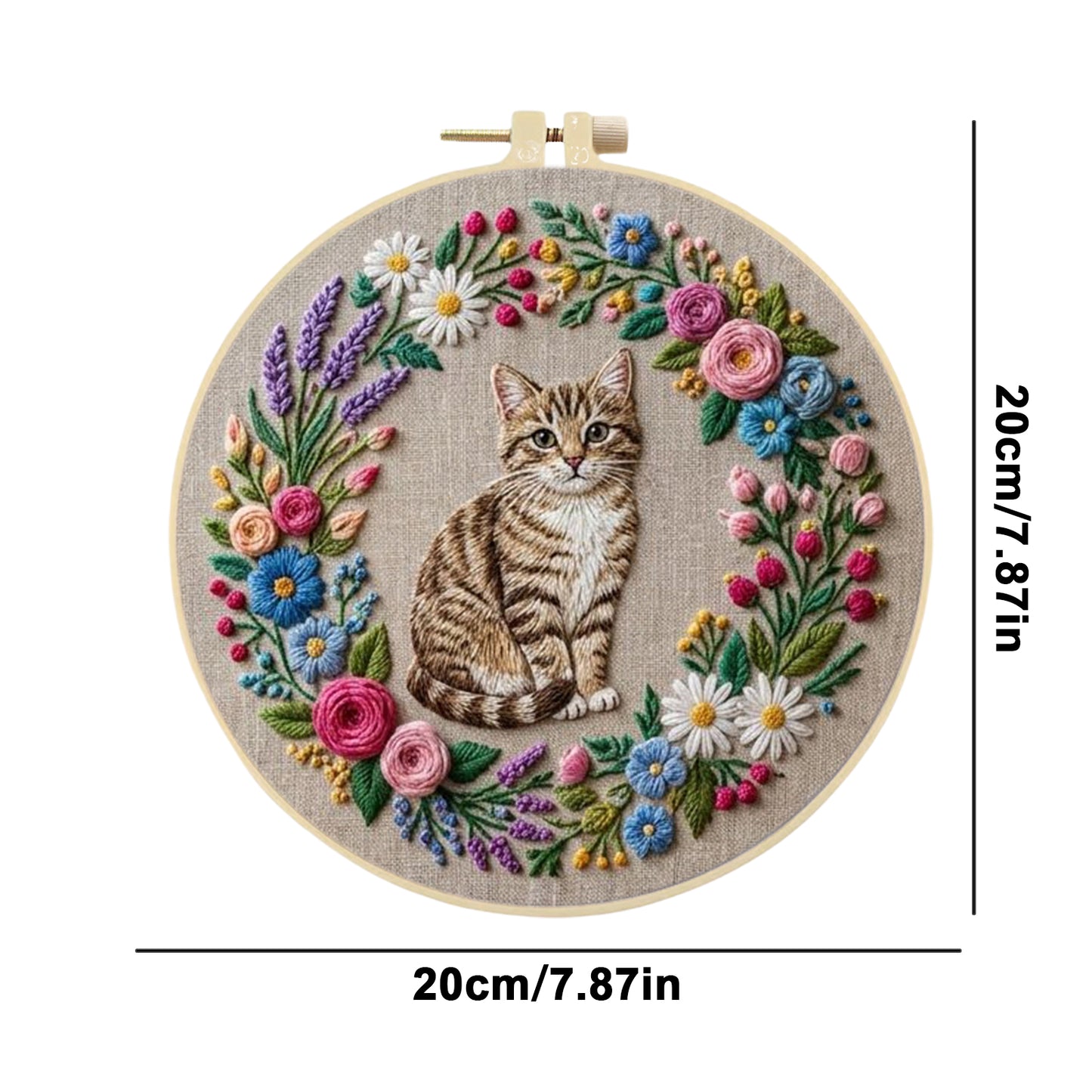 Wreath Cat - DIY Embroidery Cross Stitch Kit with Pattern Cotton Threads Needles Hoop 30x30CM/11.81x11.81in
