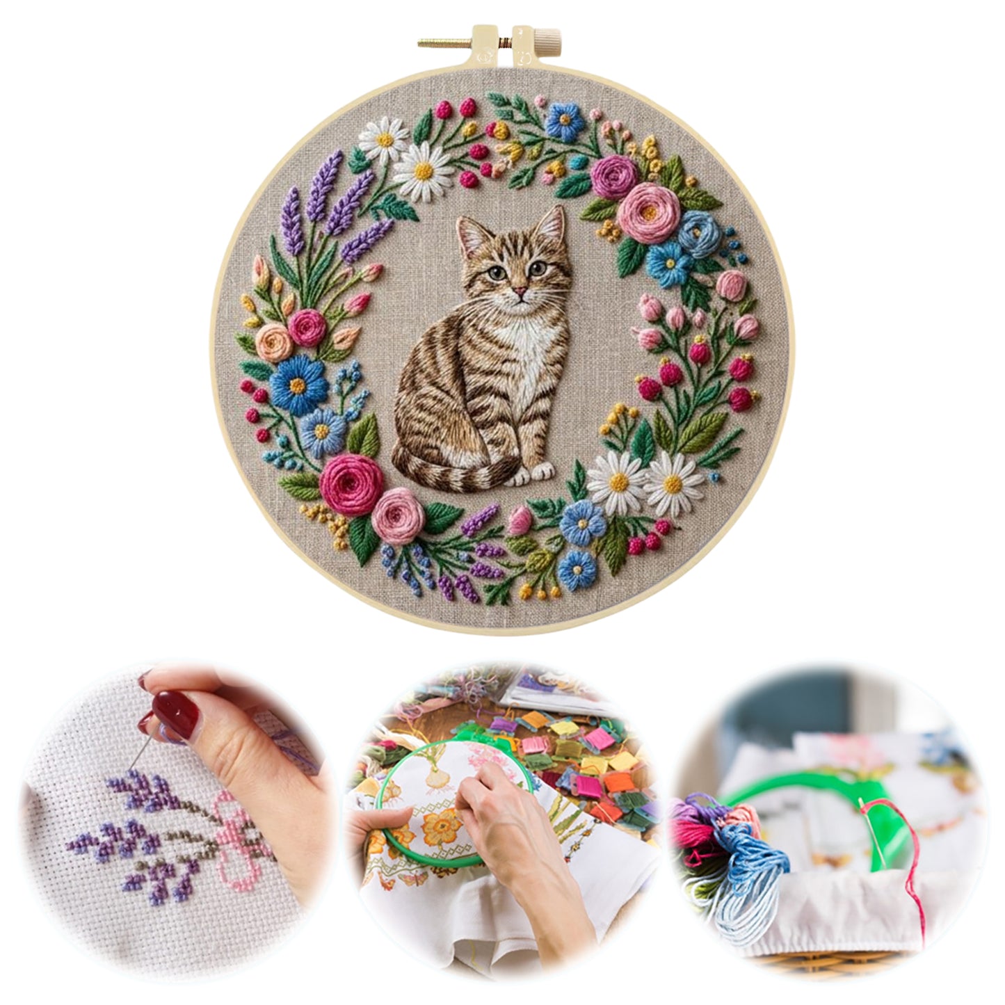 Wreath Cat - DIY Embroidery Cross Stitch Kit with Pattern Cotton Threads Needles Hoop 30x30CM/11.81x11.81in
