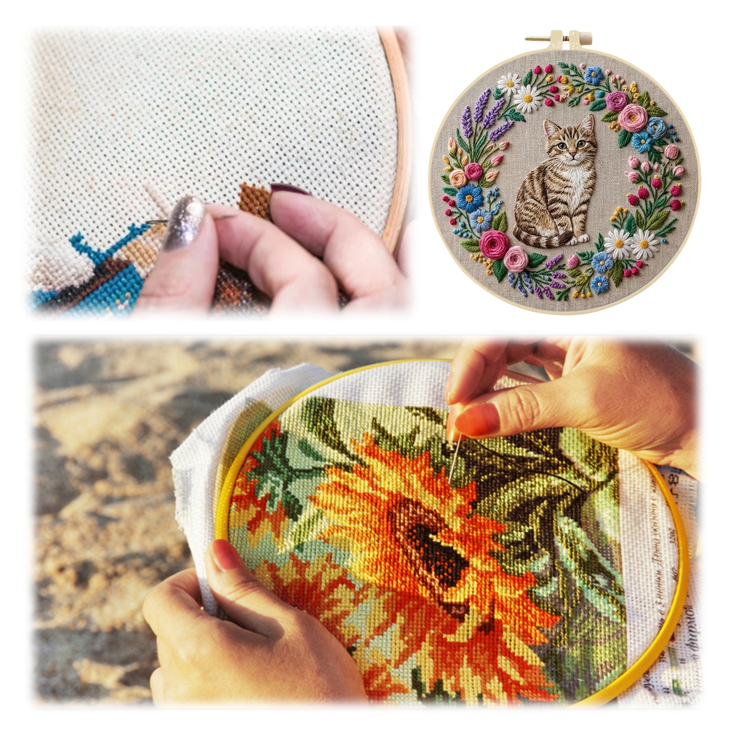 Wreath Cat - DIY Embroidery Cross Stitch Kit with Pattern Cotton Threads Needles Hoop 30x30CM/11.81x11.81in