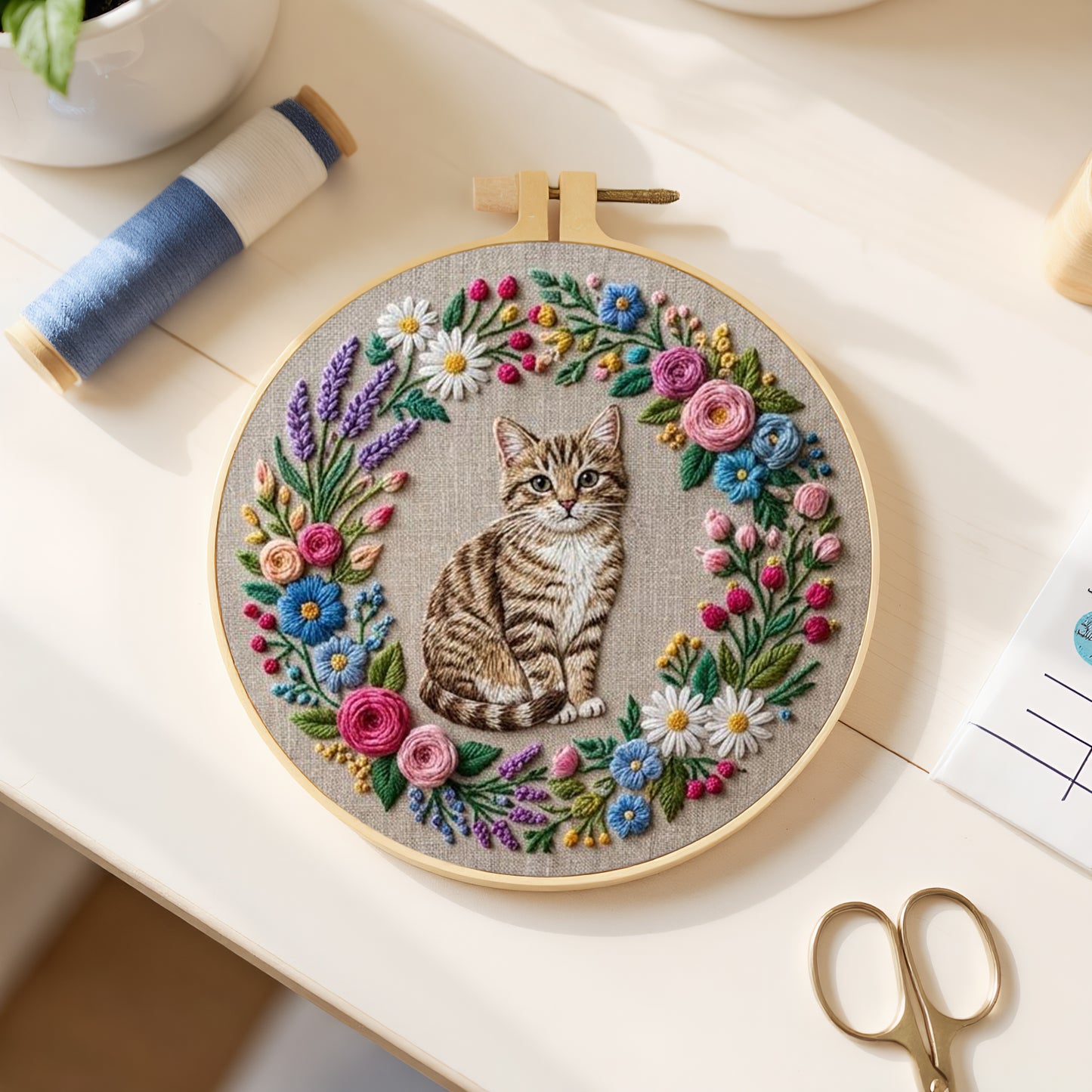 Wreath Cat - DIY Embroidery Cross Stitch Kit with Pattern Cotton Threads Needles Hoop 30x30CM/11.81x11.81in