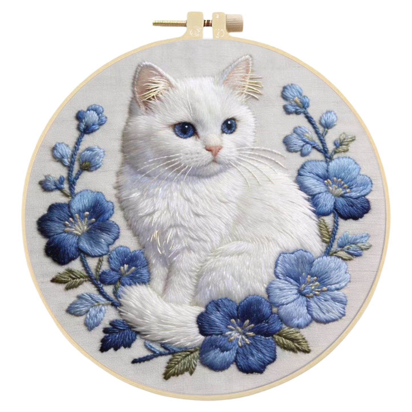 White Cat - DIY Embroidery Cross Stitch Kit with Pattern Cotton Threads Needles Hoop 30x30CM/11.81x11.81in