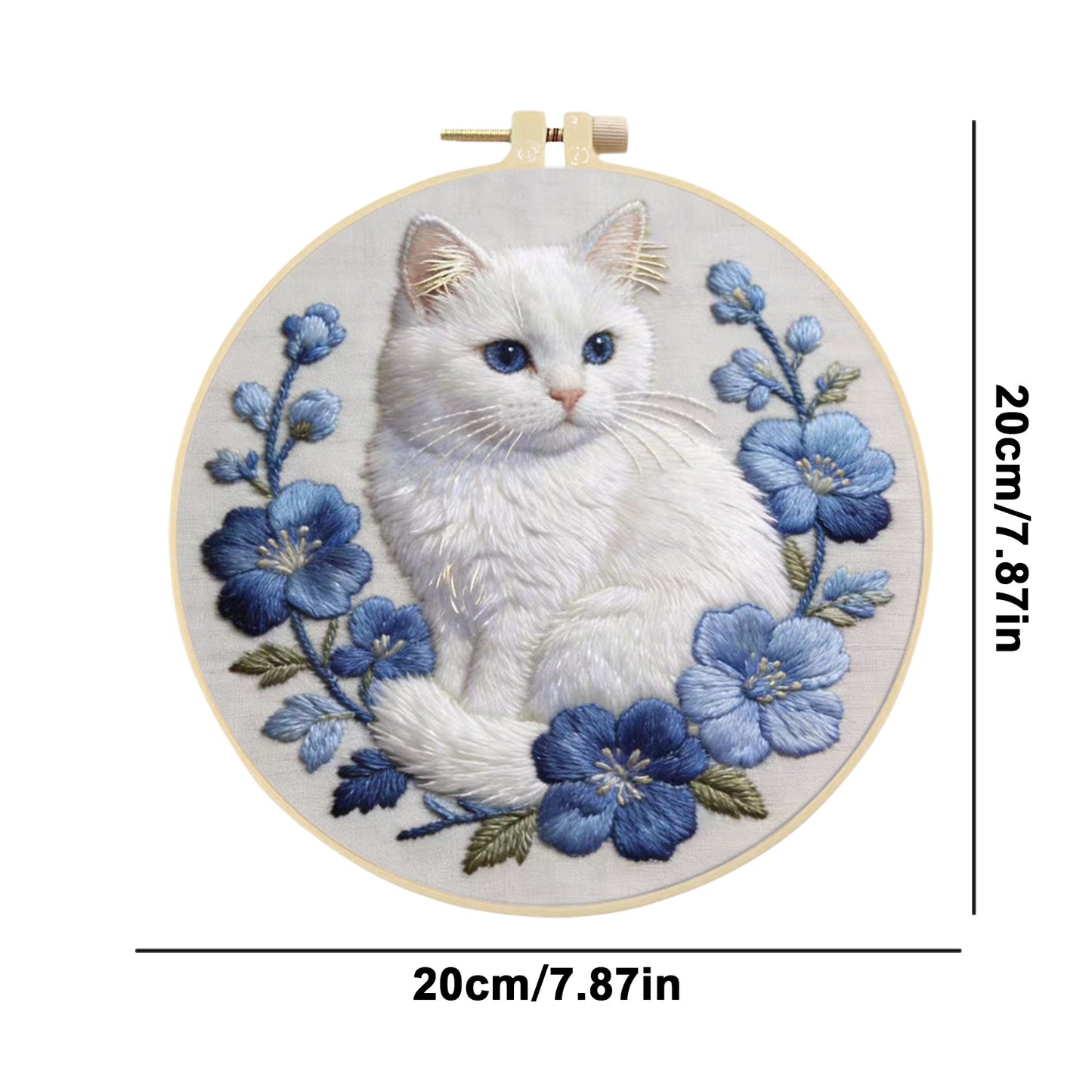 White Cat - DIY Embroidery Cross Stitch Kit with Pattern Cotton Threads Needles Hoop 30x30CM/11.81x11.81in