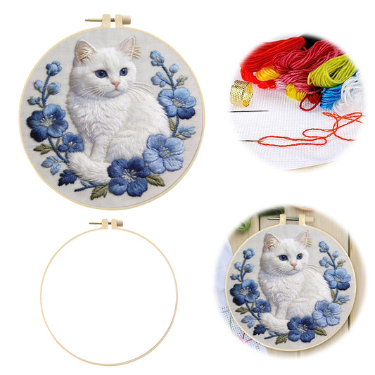 White Cat - DIY Embroidery Cross Stitch Kit with Pattern Cotton Threads Needles Hoop 30x30CM/11.81x11.81in