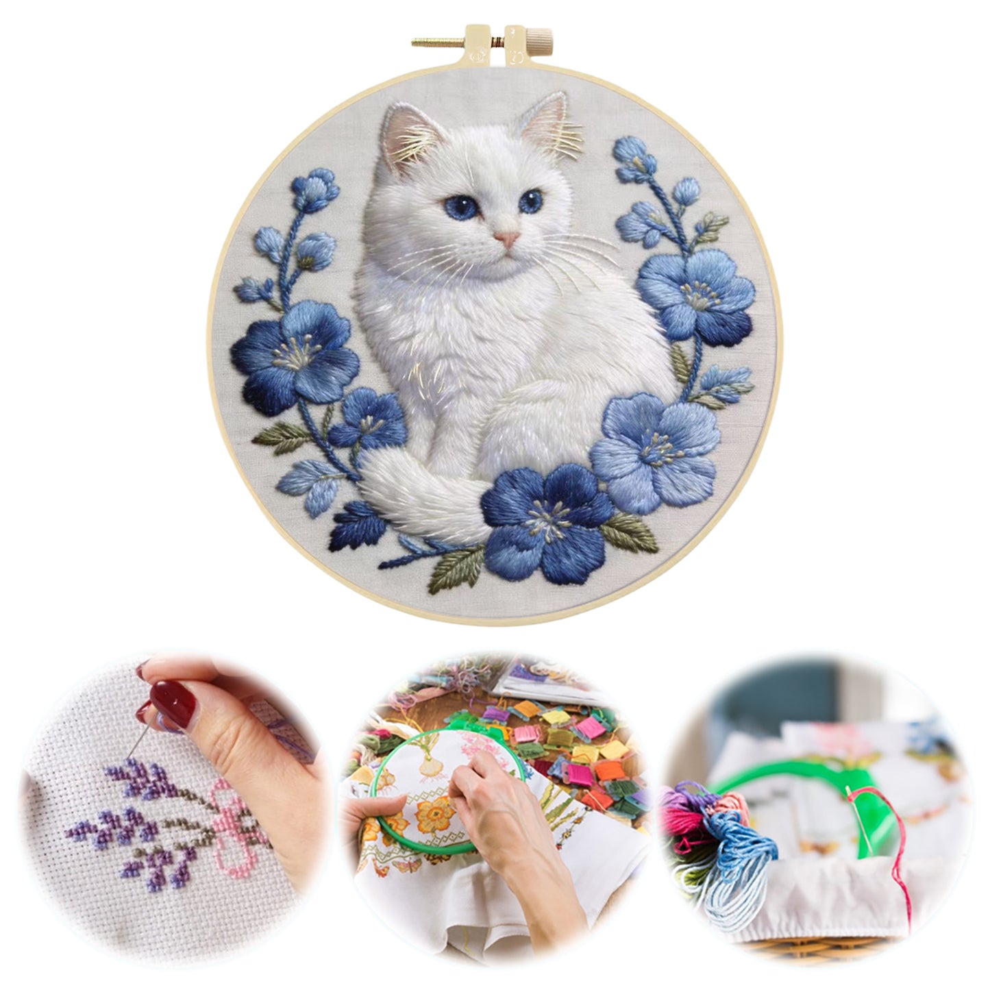 White Cat - DIY Embroidery Cross Stitch Kit with Pattern Cotton Threads Needles Hoop 30x30CM/11.81x11.81in