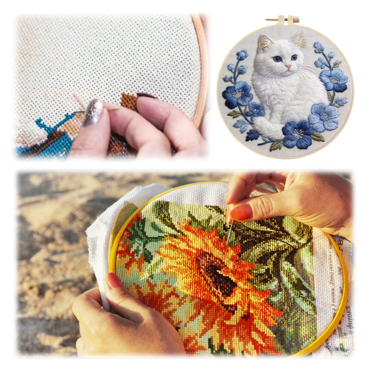 White Cat - DIY Embroidery Cross Stitch Kit with Pattern Cotton Threads Needles Hoop 30x30CM/11.81x11.81in