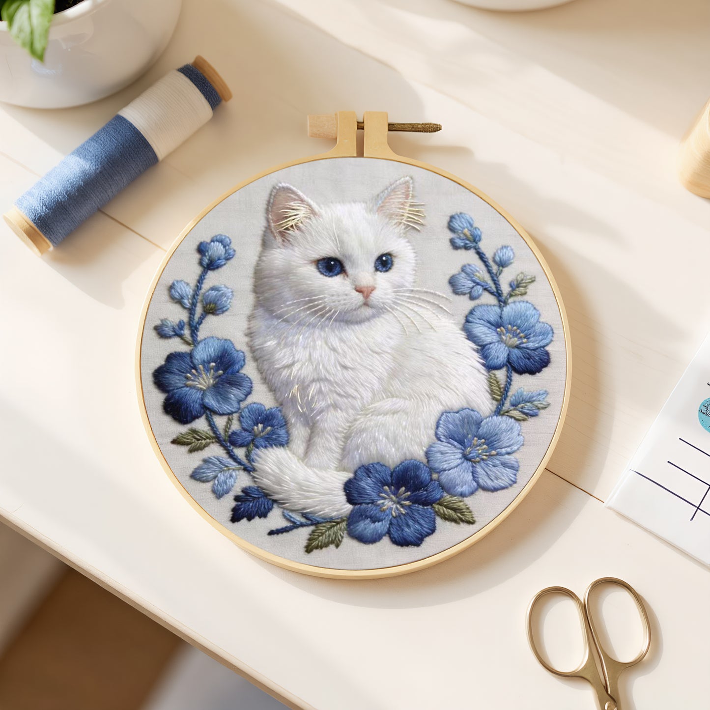 White Cat - DIY Embroidery Cross Stitch Kit with Pattern Cotton Threads Needles Hoop 30x30CM/11.81x11.81in