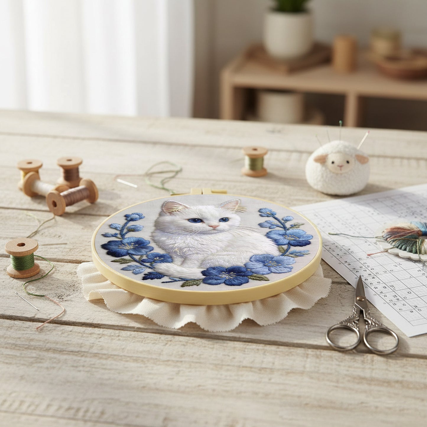 White Cat - DIY Embroidery Cross Stitch Kit with Pattern Cotton Threads Needles Hoop 30x30CM/11.81x11.81in