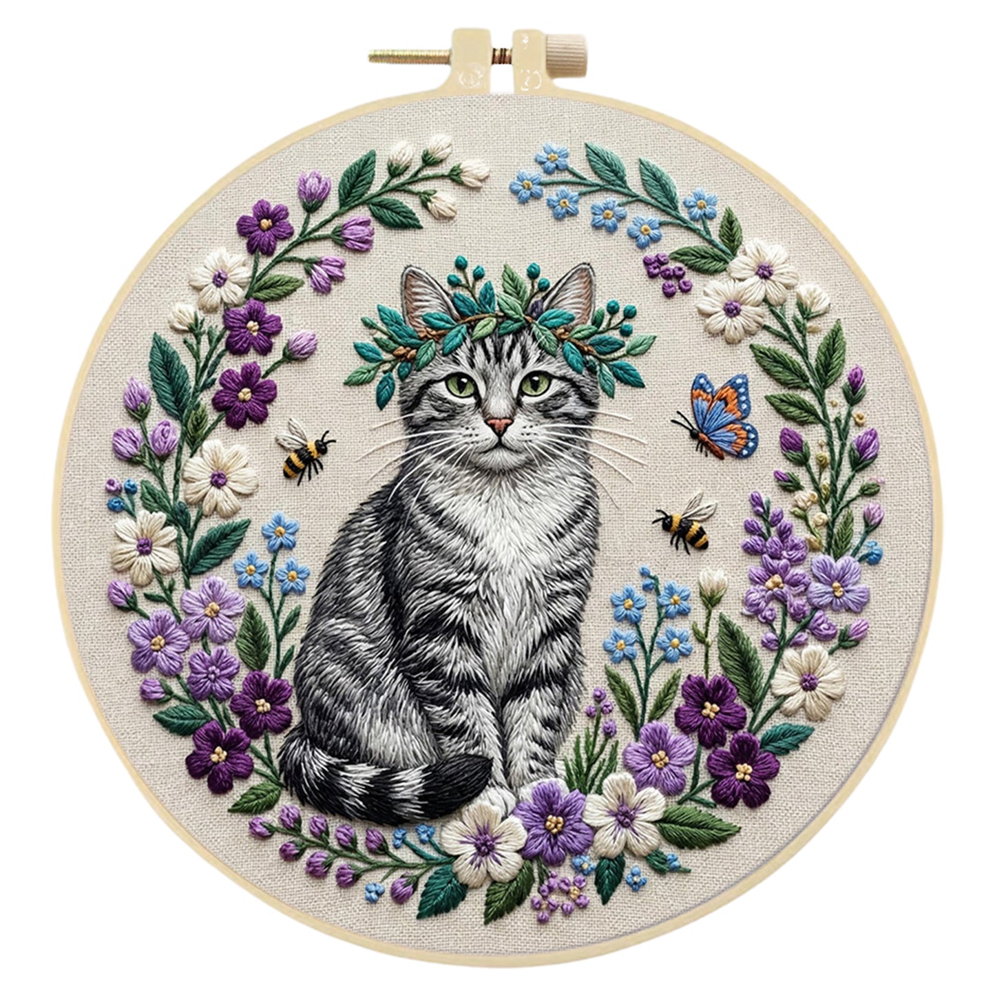 Garden Cat - DIY Embroidery Cross Stitch Kit with Pattern Cotton Threads Needles Hoop 30x30CM/11.81x11.81in