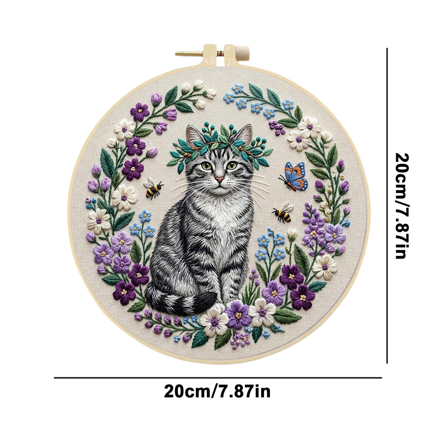 Garden Cat - DIY Embroidery Cross Stitch Kit with Pattern Cotton Threads Needles Hoop 30x30CM/11.81x11.81in