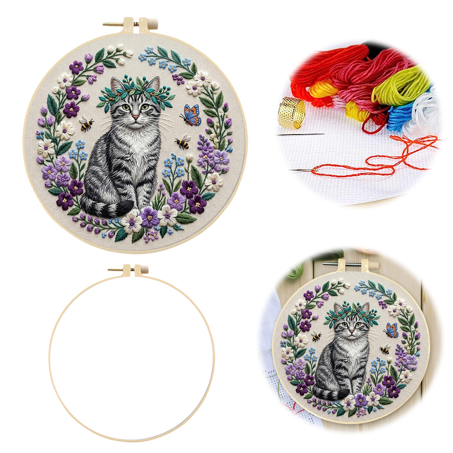 Garden Cat - DIY Embroidery Cross Stitch Kit with Pattern Cotton Threads Needles Hoop 30x30CM/11.81x11.81in