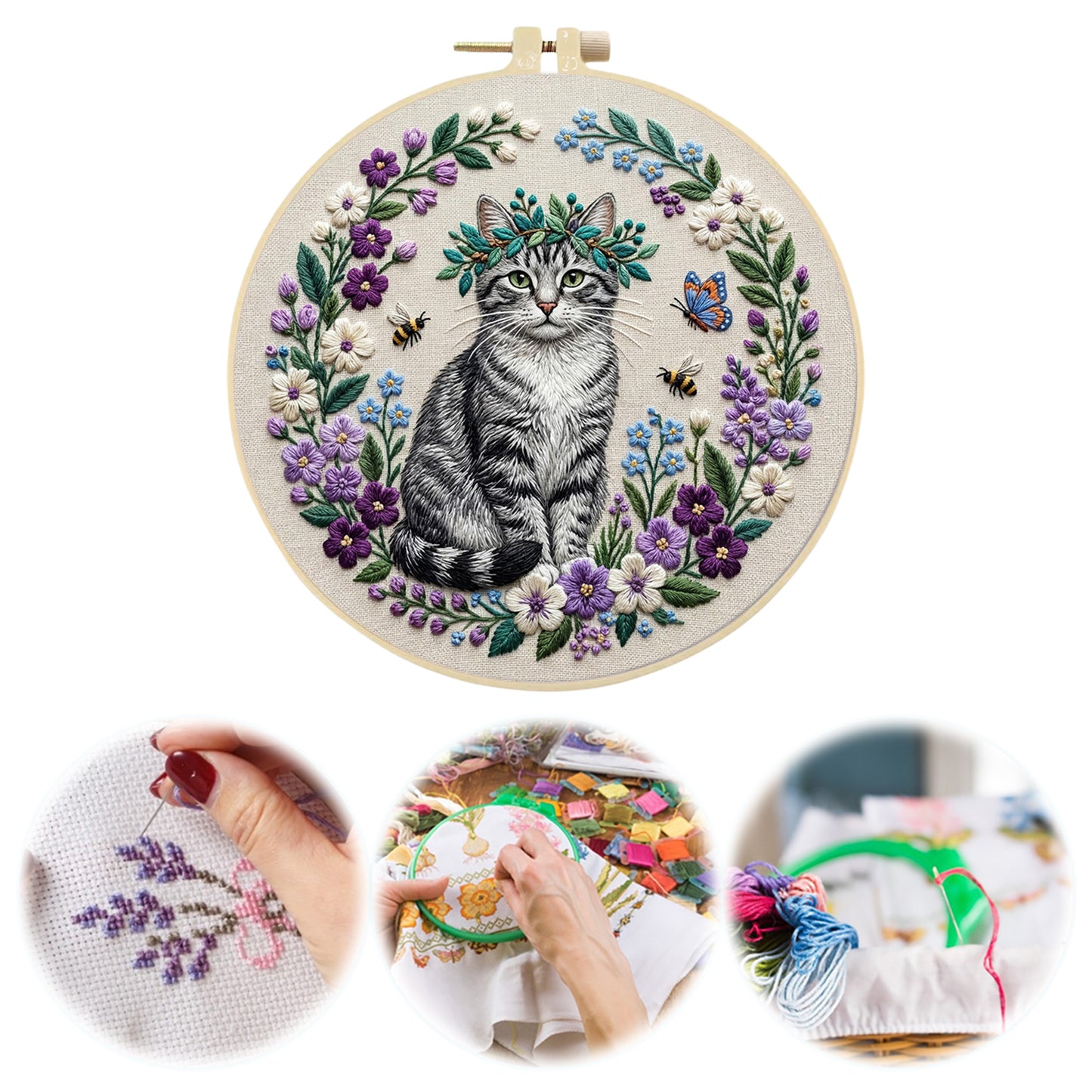 Garden Cat - DIY Embroidery Cross Stitch Kit with Pattern Cotton Threads Needles Hoop 30x30CM/11.81x11.81in