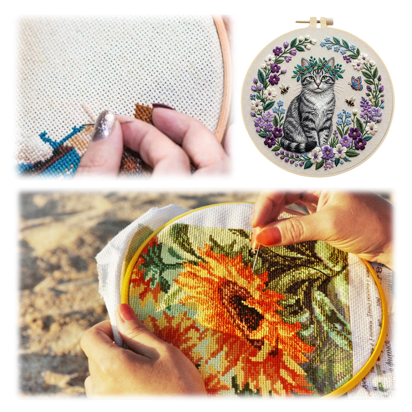 Garden Cat - DIY Embroidery Cross Stitch Kit with Pattern Cotton Threads Needles Hoop 30x30CM/11.81x11.81in