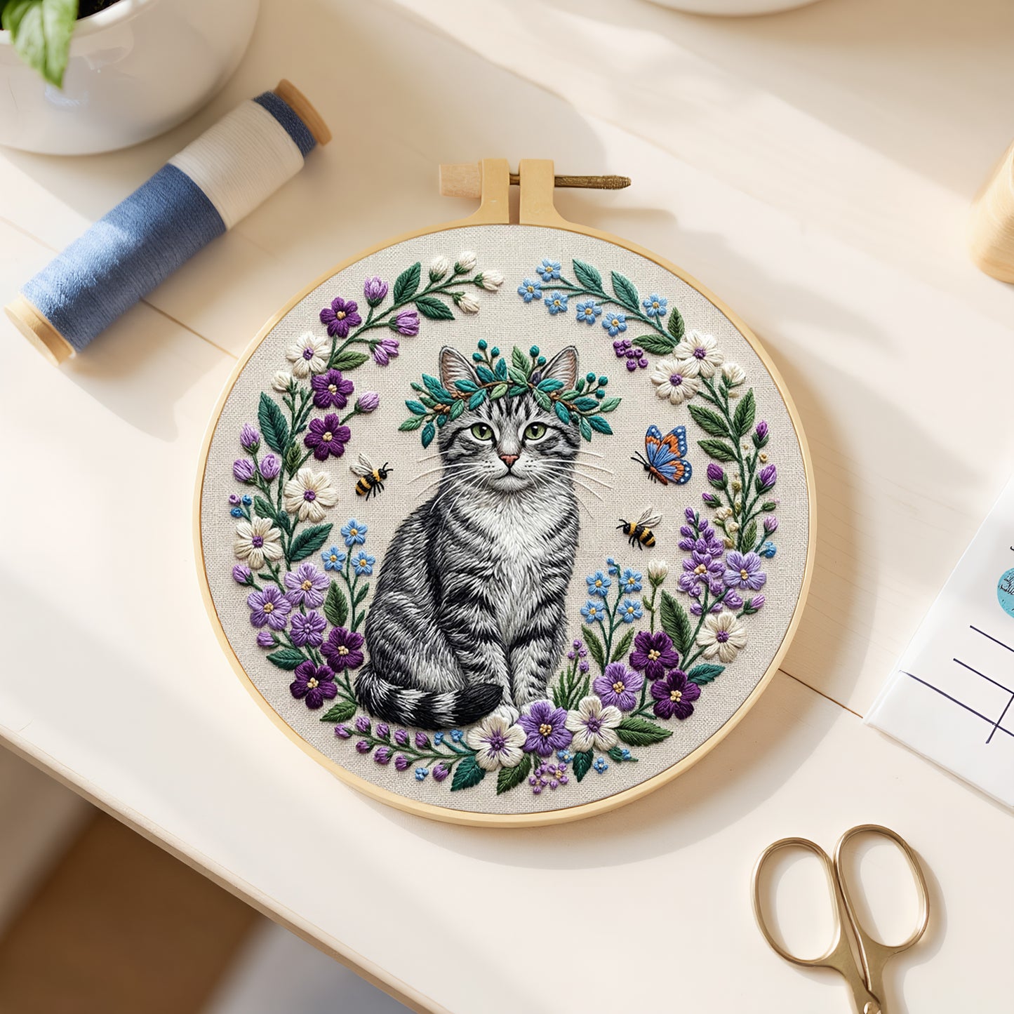 Garden Cat - DIY Embroidery Cross Stitch Kit with Pattern Cotton Threads Needles Hoop 30x30CM/11.81x11.81in