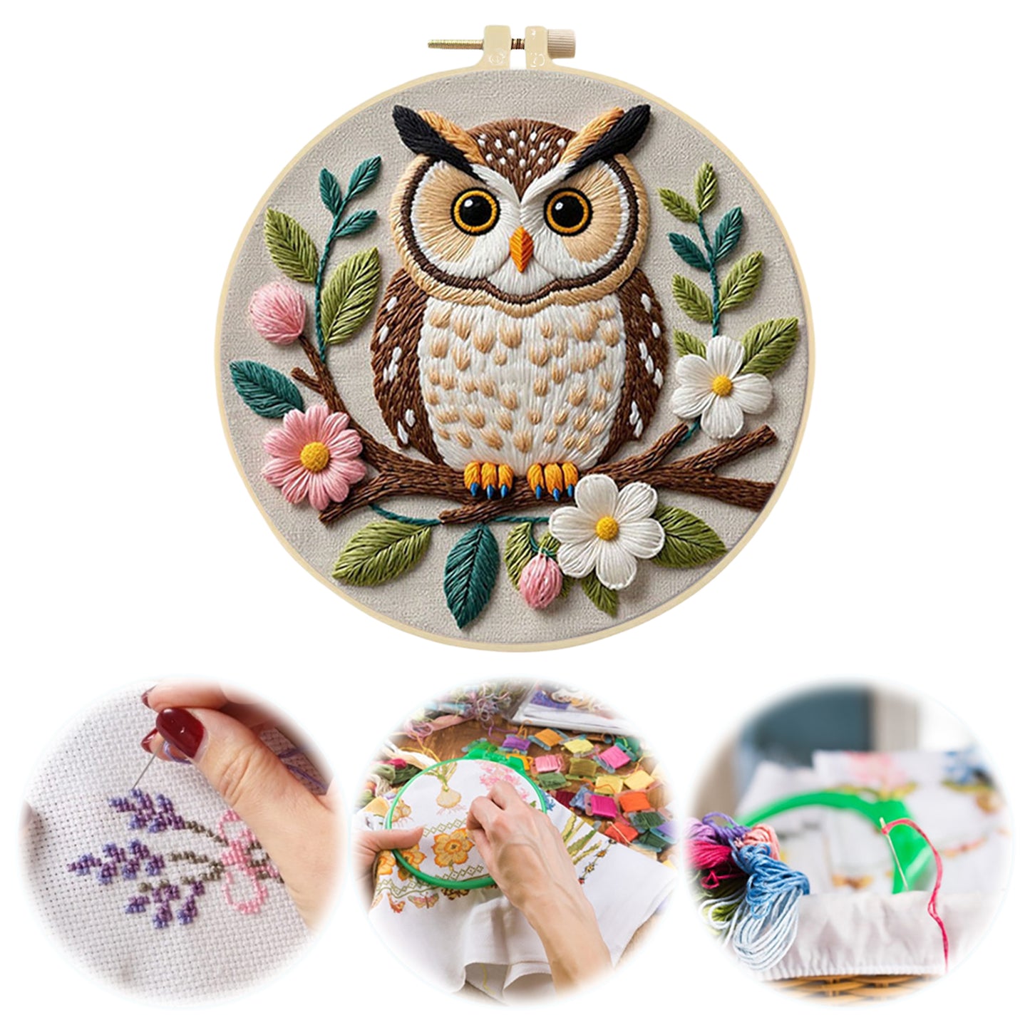 Owl - DIY Embroidery Cross Stitch Kit with Pattern Cotton Threads Needles Hoop 29x29CM/11.42x11.42in