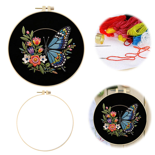 Blue Butterfly - DIY Embroidery Cross Stitch Kit with Pattern Cotton Threads Needles Hoop 29x29CM/11.42x11.42in