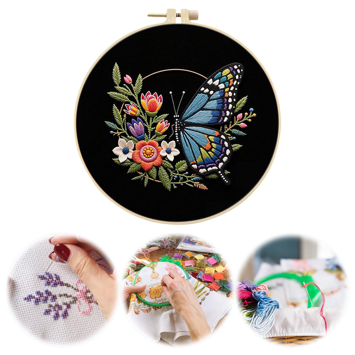 Blue Butterfly - DIY Embroidery Cross Stitch Kit with Pattern Cotton Threads Needles Hoop 29x29CM/11.42x11.42in