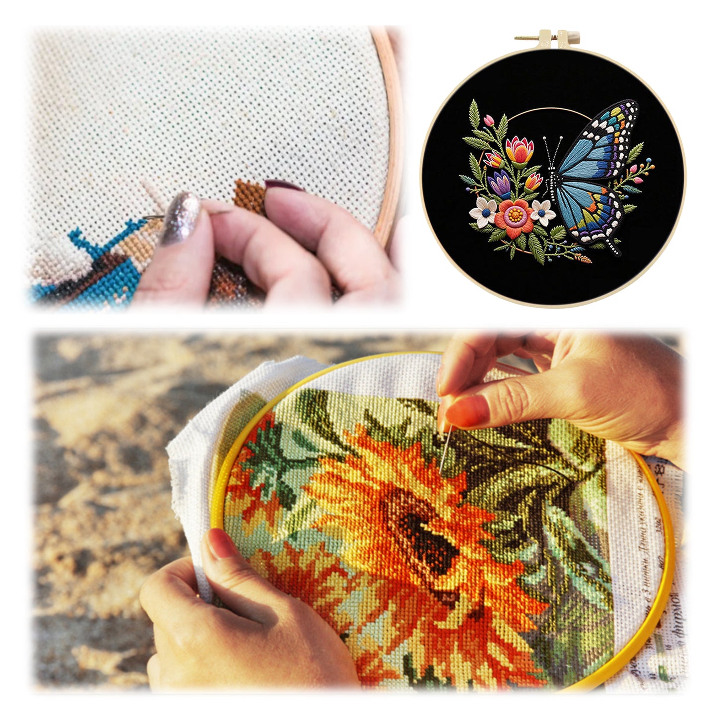 Blue Butterfly - DIY Embroidery Cross Stitch Kit with Pattern Cotton Threads Needles Hoop 29x29CM/11.42x11.42in