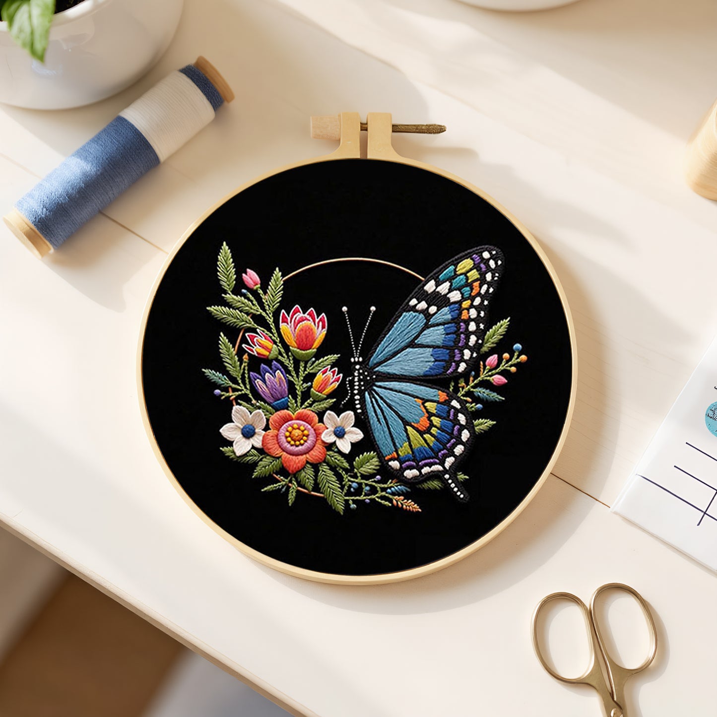 Blue Butterfly - DIY Embroidery Cross Stitch Kit with Pattern Cotton Threads Needles Hoop 29x29CM/11.42x11.42in