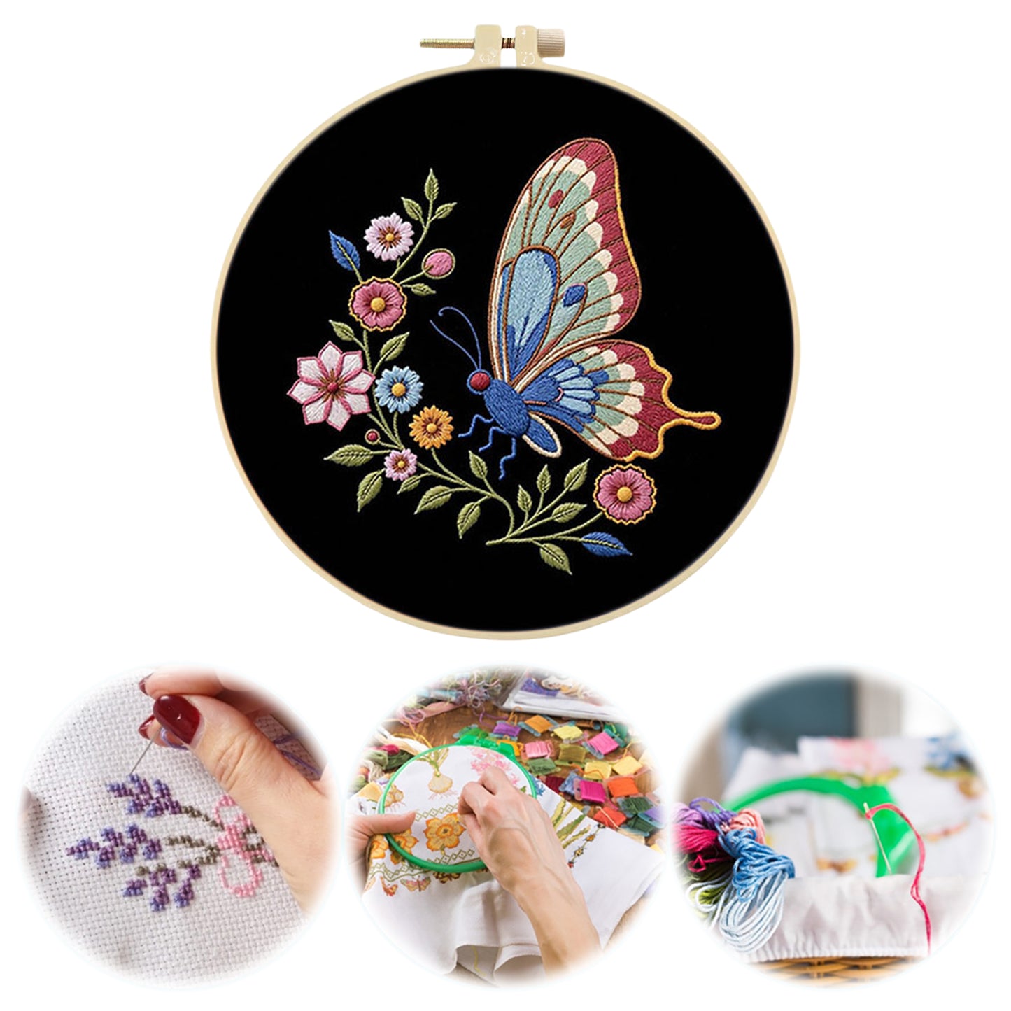 Butterfly - DIY Embroidery Cross Stitch Kit with Pattern Cotton Threads Needles Hoop 29x29CM/11.42x11.42in
