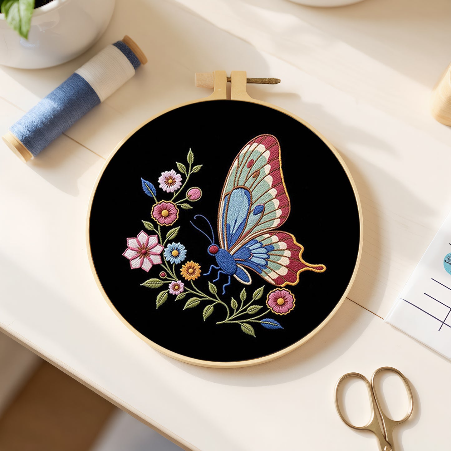 Butterfly - DIY Embroidery Cross Stitch Kit with Pattern Cotton Threads Needles Hoop 29x29CM/11.42x11.42in