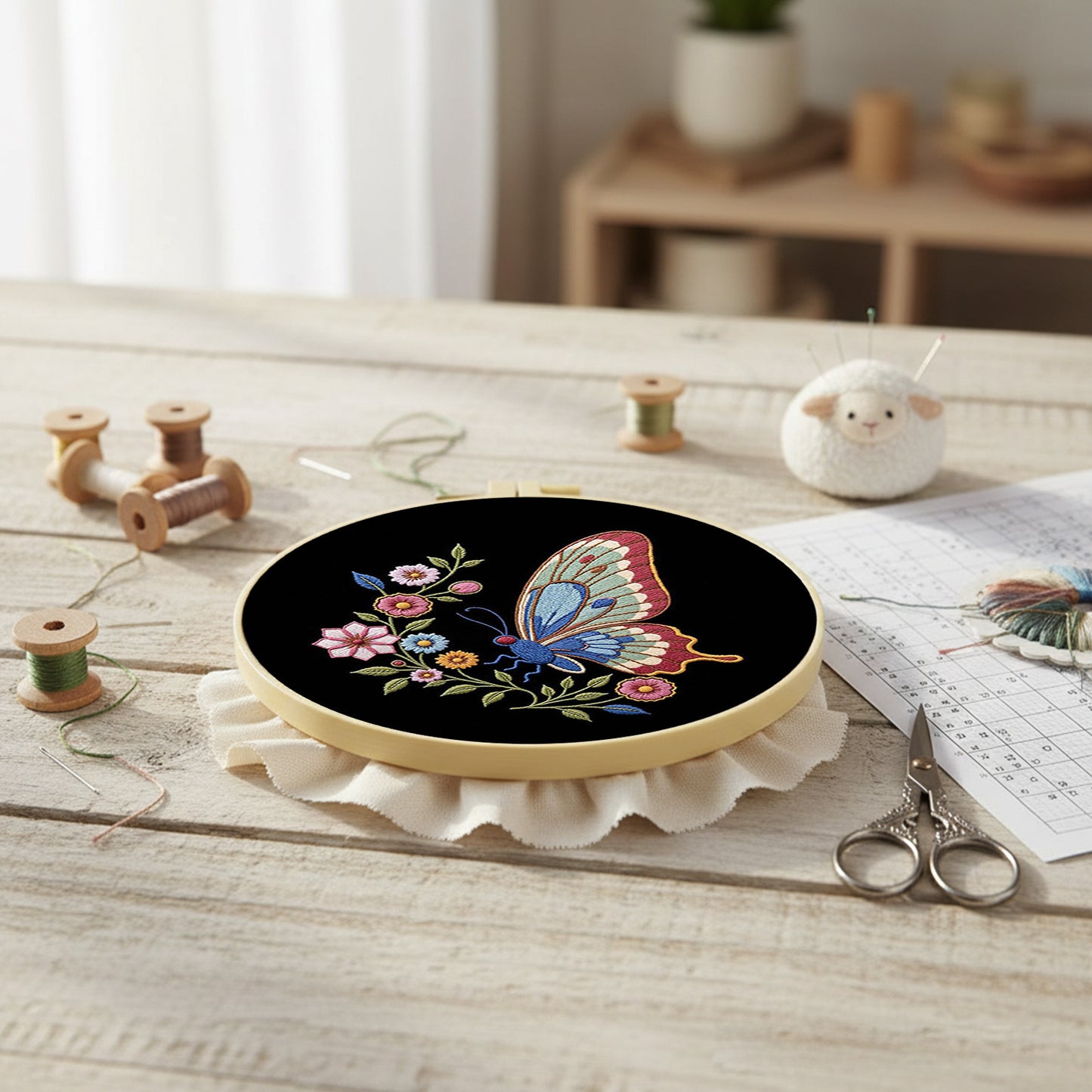 Butterfly - DIY Embroidery Cross Stitch Kit with Pattern Cotton Threads Needles Hoop 29x29CM/11.42x11.42in