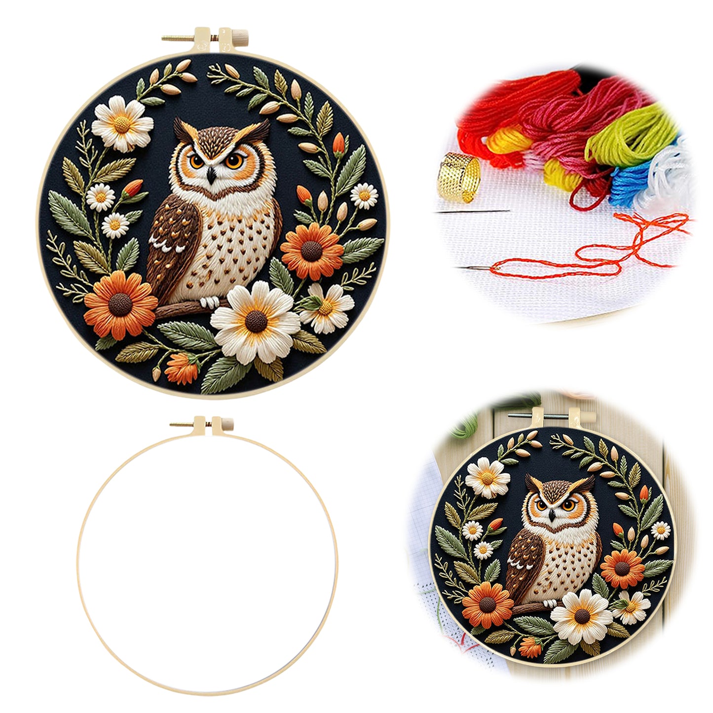Wreath Owl - DIY Embroidery Cross Stitch Kit with Pattern Cotton Threads Needles Hoop 29x29CM/11.42x11.42in