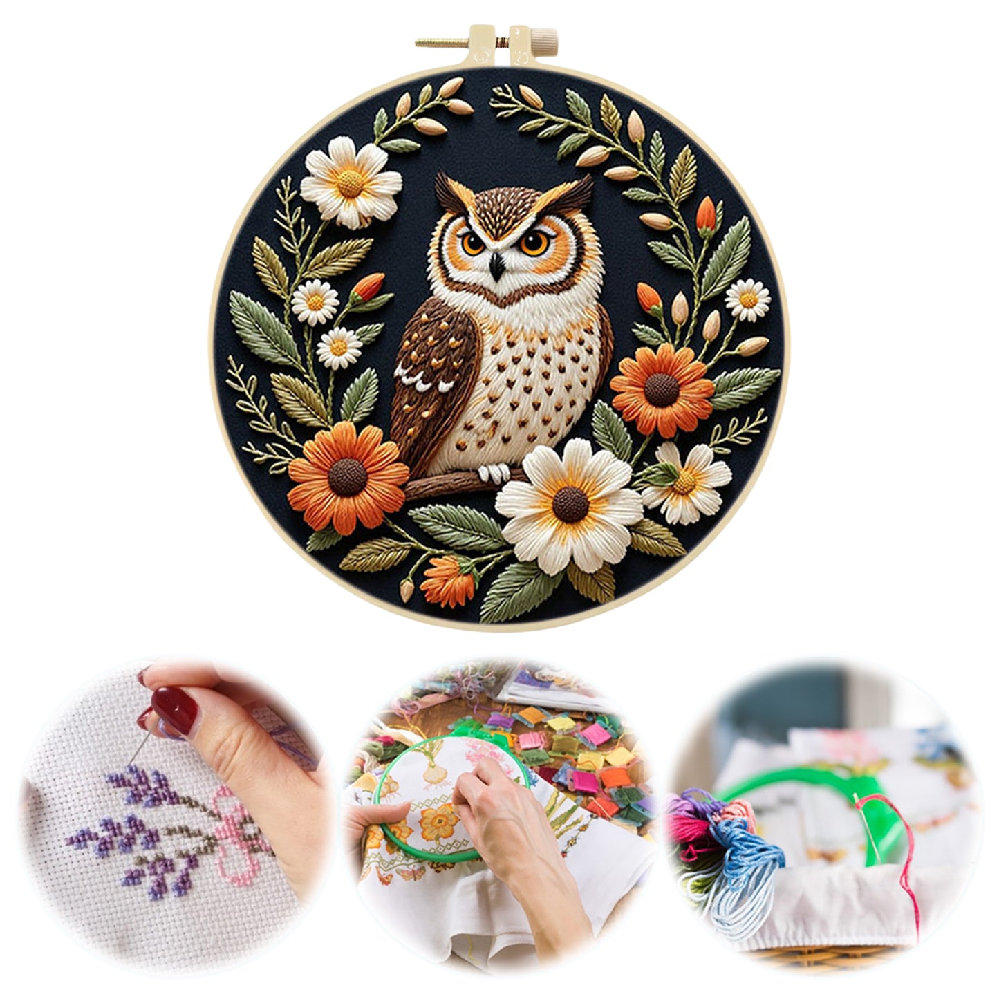 Wreath Owl - DIY Embroidery Cross Stitch Kit with Pattern Cotton Threads Needles Hoop 29x29CM/11.42x11.42in