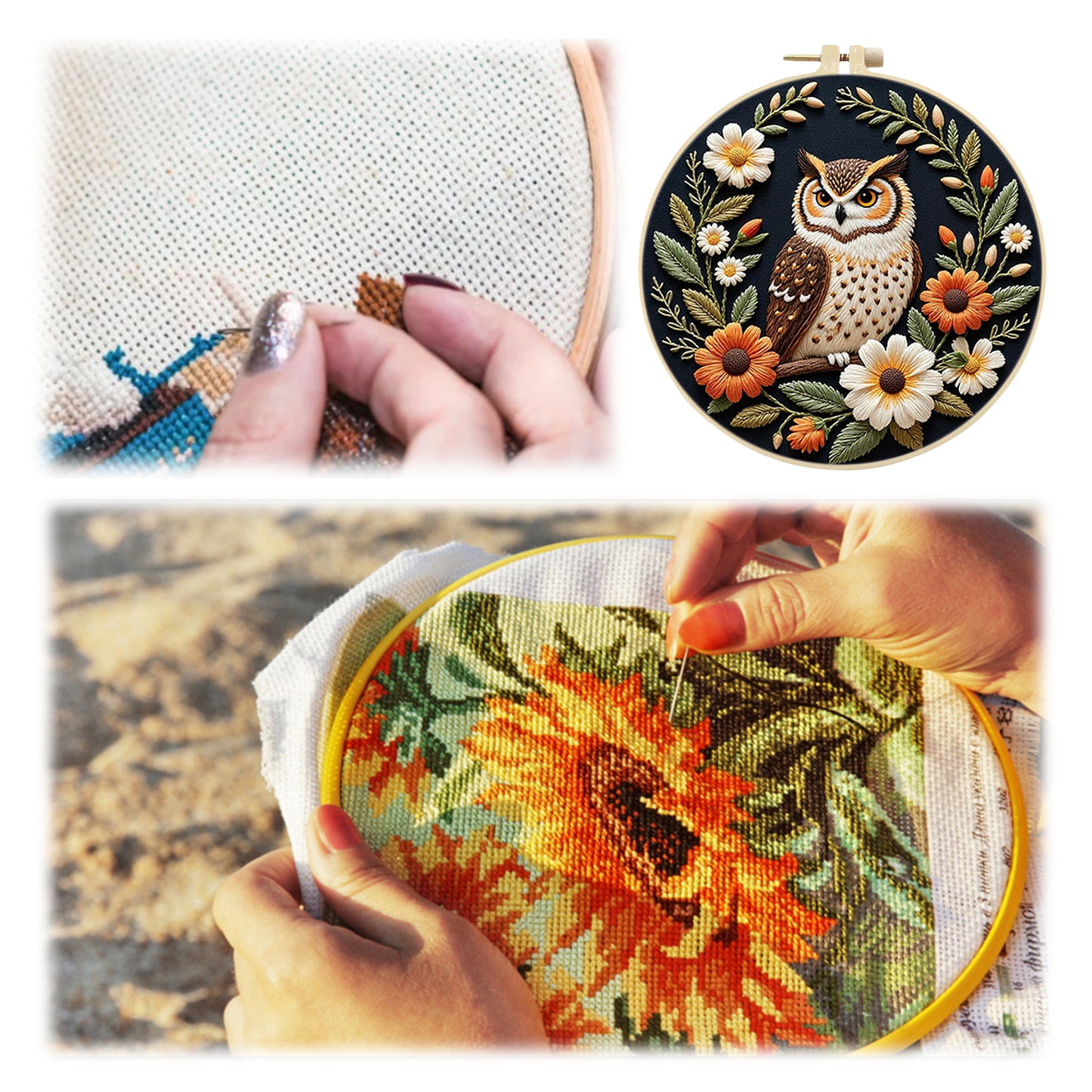 Wreath Owl - DIY Embroidery Cross Stitch Kit with Pattern Cotton Threads Needles Hoop 29x29CM/11.42x11.42in