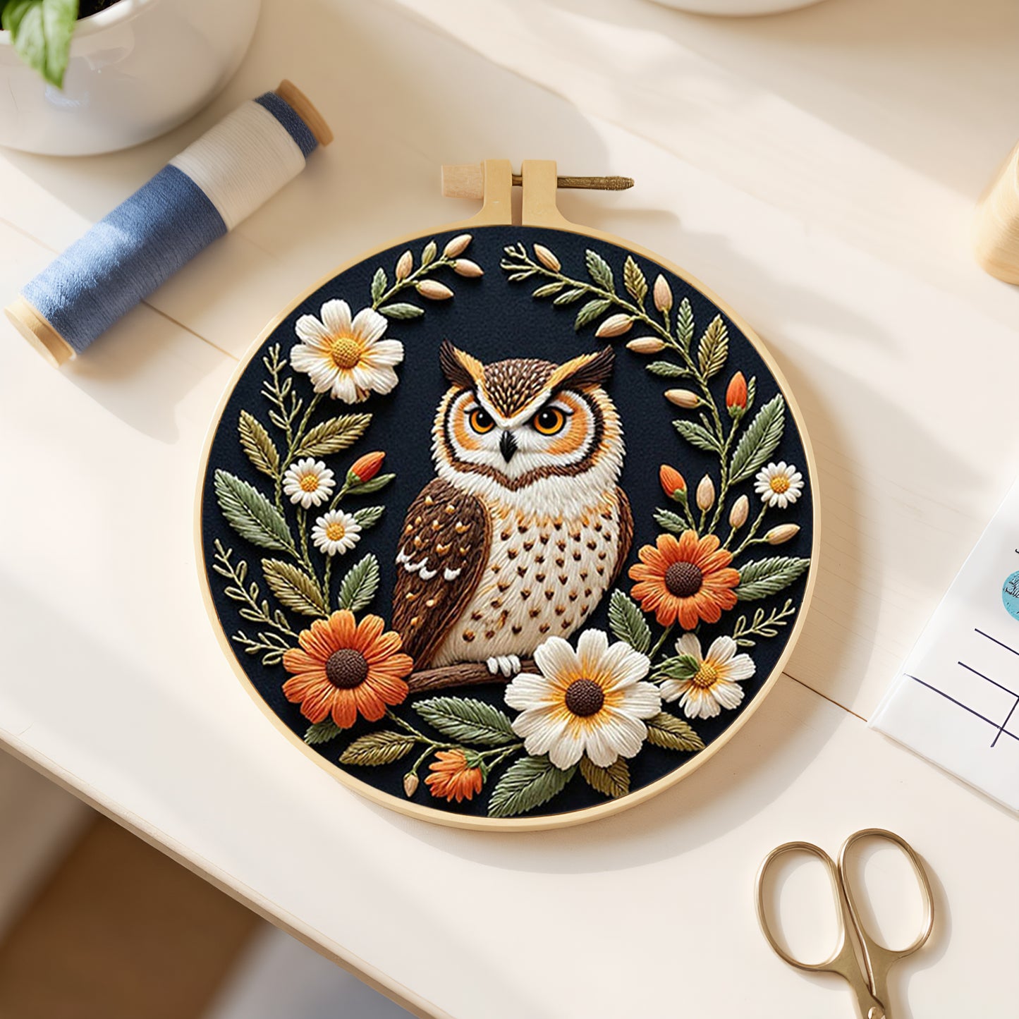 Wreath Owl - DIY Embroidery Cross Stitch Kit with Pattern Cotton Threads Needles Hoop 29x29CM/11.42x11.42in
