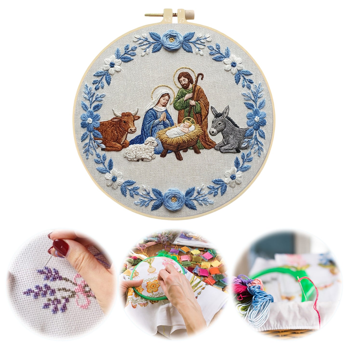 Nativity - DIY Embroidery Cross Stitch Kit with Pattern Cotton Threads Needles Hoop 30x30CM/11.81x11.81in