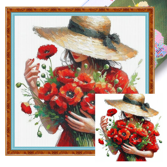 Mädchen mit rotem Mohn - Vollständiges 11CT Stempel-Kreuzstich-Set 45x45CM - Yishu