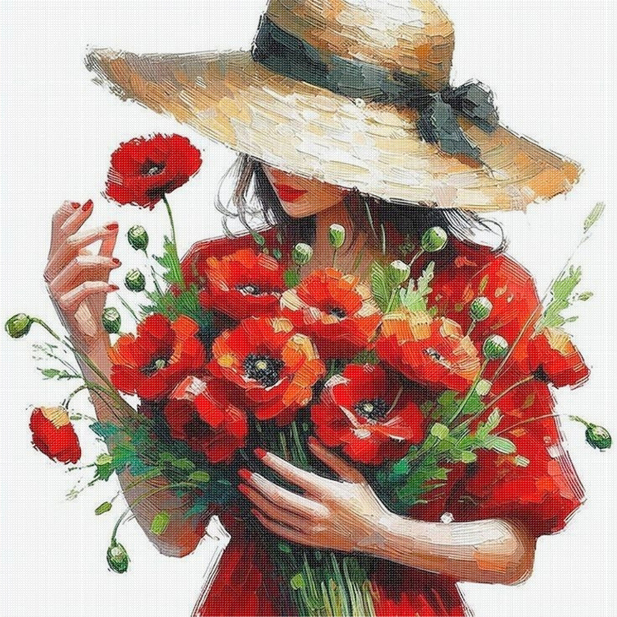 Mädchen mit rotem Mohn - Vollständiges 11CT Stempel-Kreuzstich-Set 45x45CM - Yishu