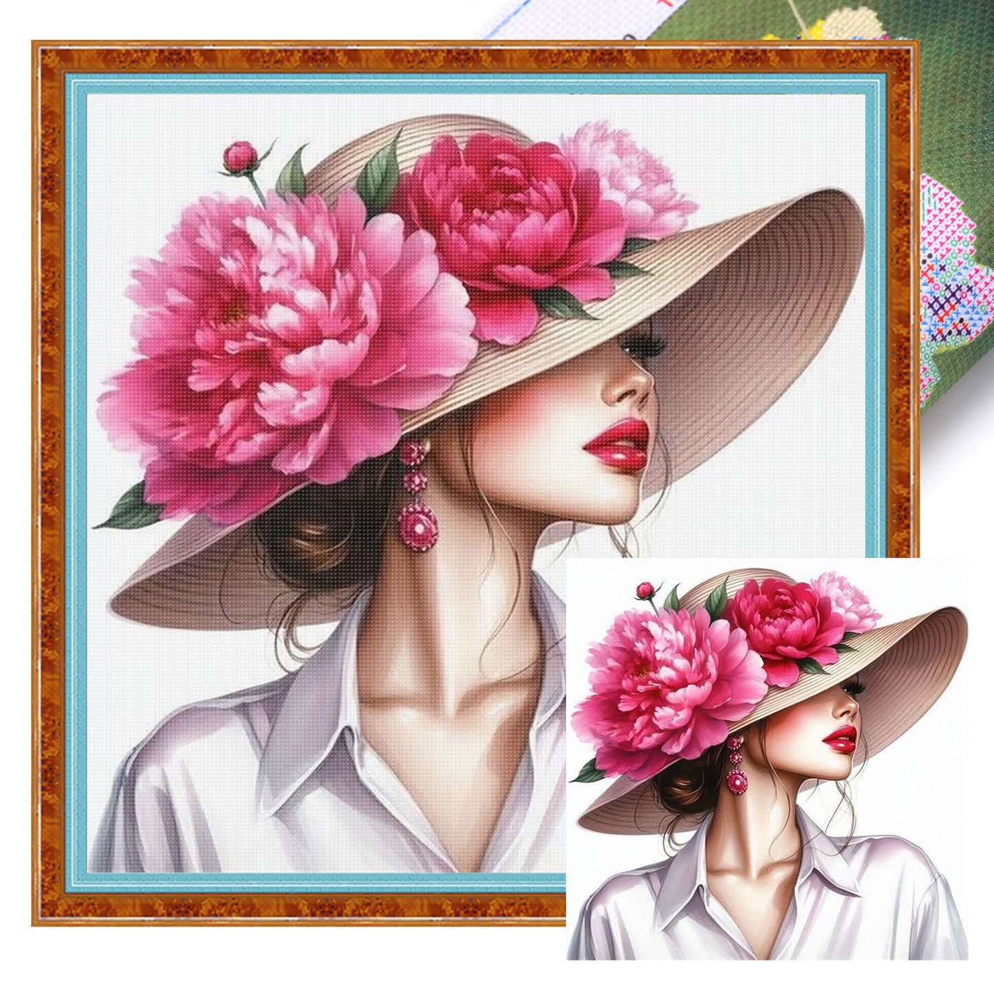 Peony Lady - Full 11CT Stamped Cross Stitch 45x45CM - Yishu
