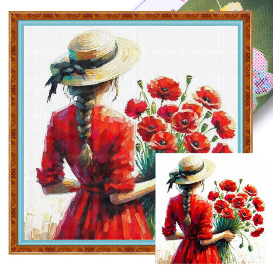 Mohnblumen-Dame - Vollständiges 11CT Stempel-Kreuzstich-Set 45x45CM - Yishu