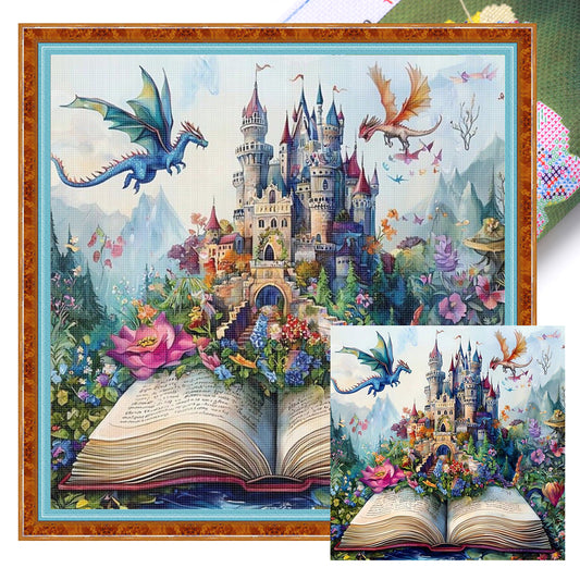 Drachenschloss-Buch - Vollständiges 11CT gestempeltes Kreuzstichset 45x45CM - Yishu