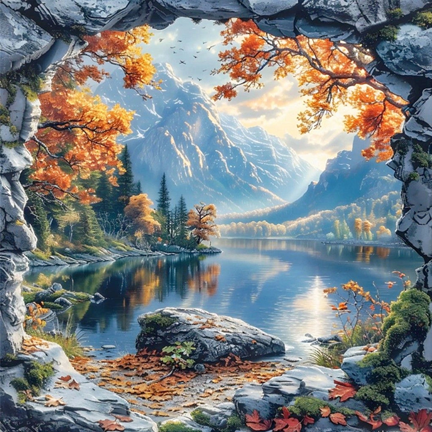 Mountain Lake - Full 11CT Stamped Cross Stitch 45x45CM - Yishu