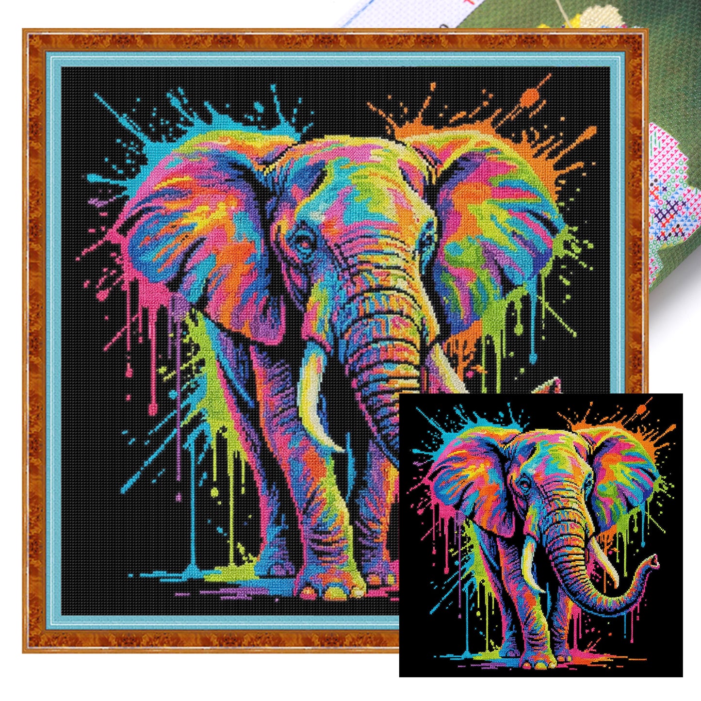 Colorful Splash Elephant - Full 14CT Stamped Cross Stitch 30x30CM - Huacan