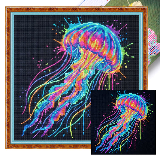 Colorful Splash Jellyfish - Full 14CT Stamped Cross Stitch 30x30CM - Huacan