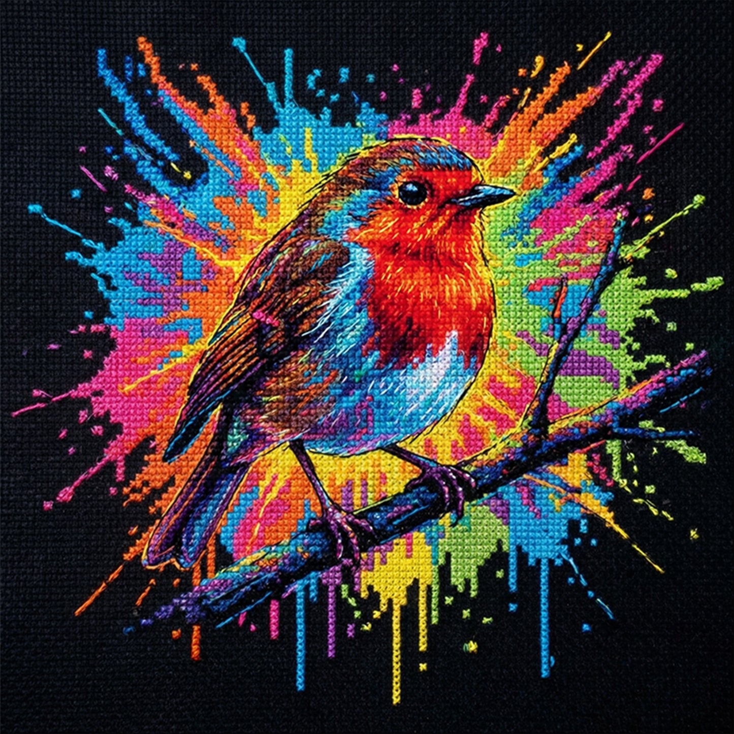 Colorful Splash Robin - Full 14CT Stamped Cross Stitch 30x30CM - Huacan