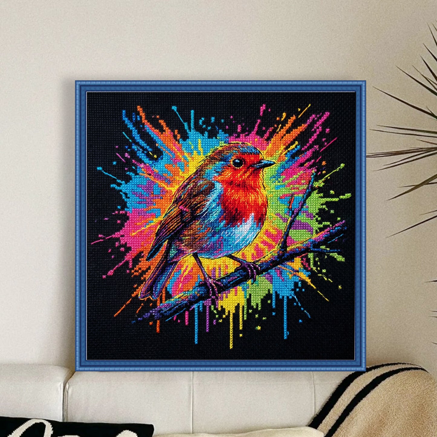 Colorful Splash Robin - Full 14CT Stamped Cross Stitch 30x30CM - Huacan