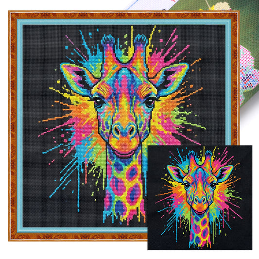 Colorful Splash Giraffe - Full 14CT Stamped Cross Stitch 30x30CM - Huacan