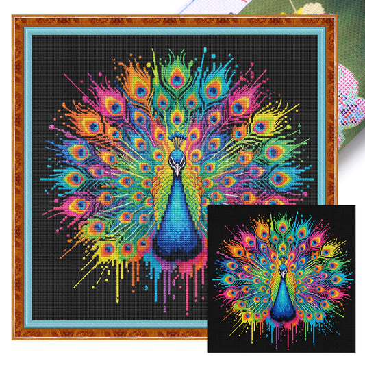 Colorful Splash Peacock - Full 14CT Stamped Cross Stitch 30x30CM - Huacan