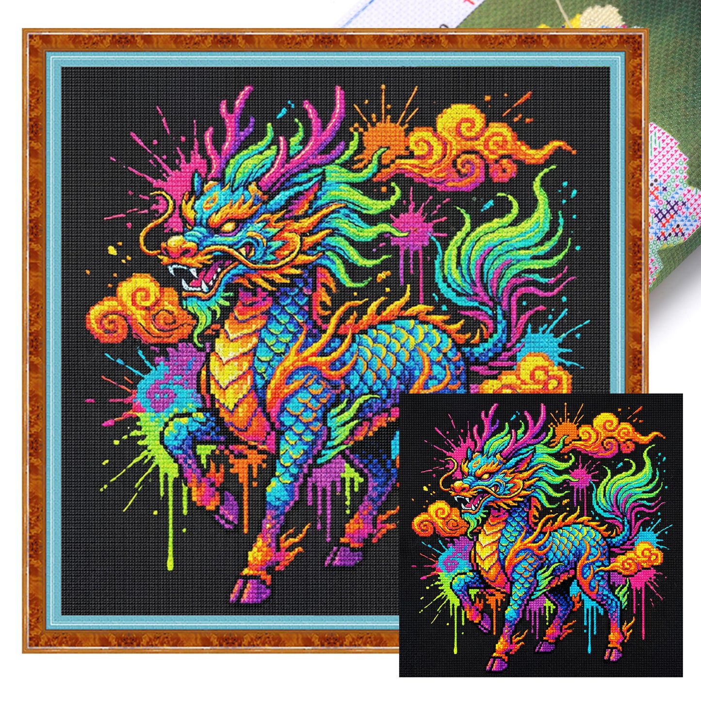 Colorful Splash Qilin - Full 14CT Stamped Cross Stitch 30x30CM - Huacan