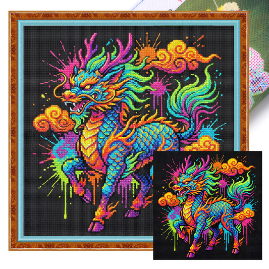 Colorful Splash Qilin - Full 14CT Stamped Cross Stitch 30x30CM - Huacan