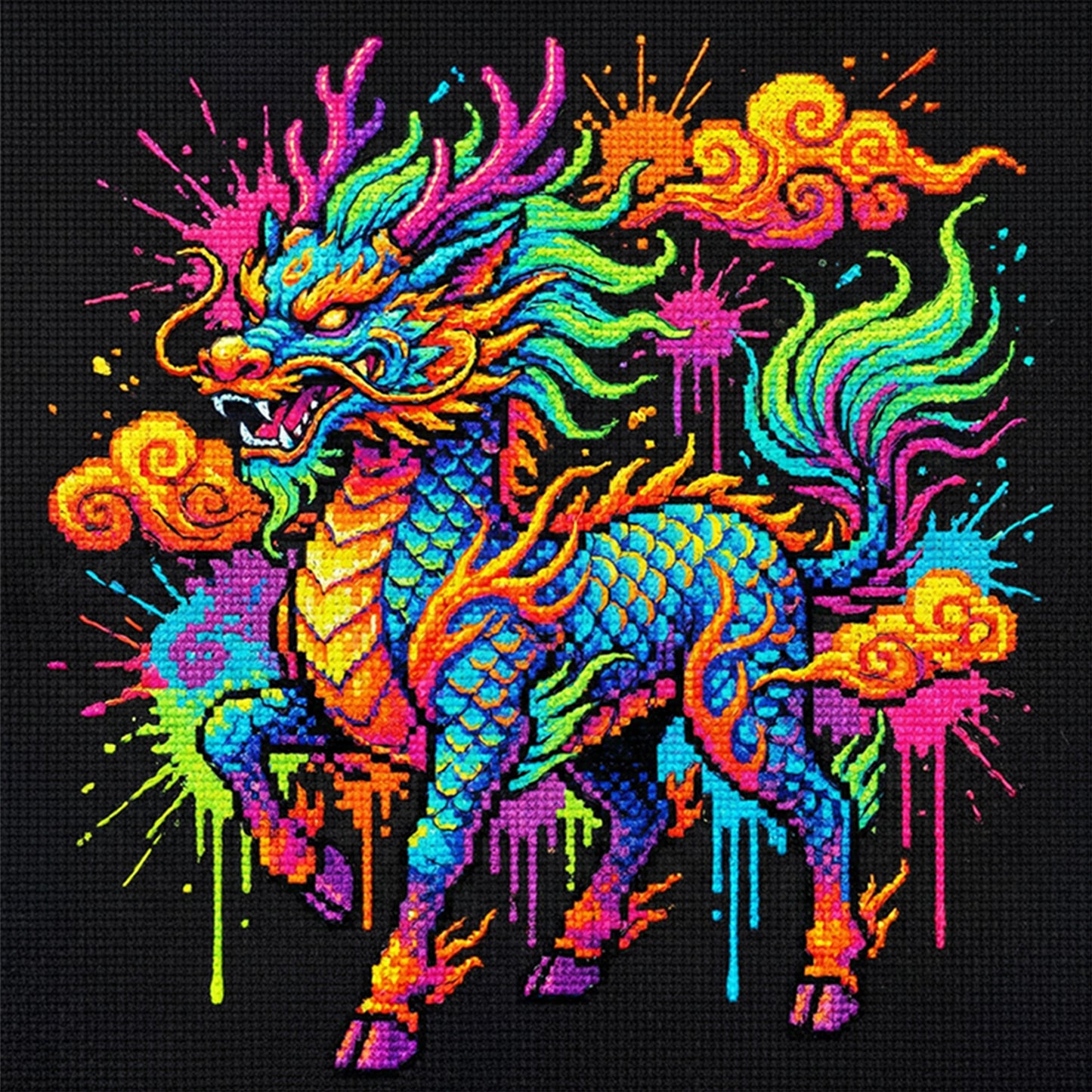 Colorful Splash Qilin - Full 14CT Stamped Cross Stitch 30x30CM - Huacan