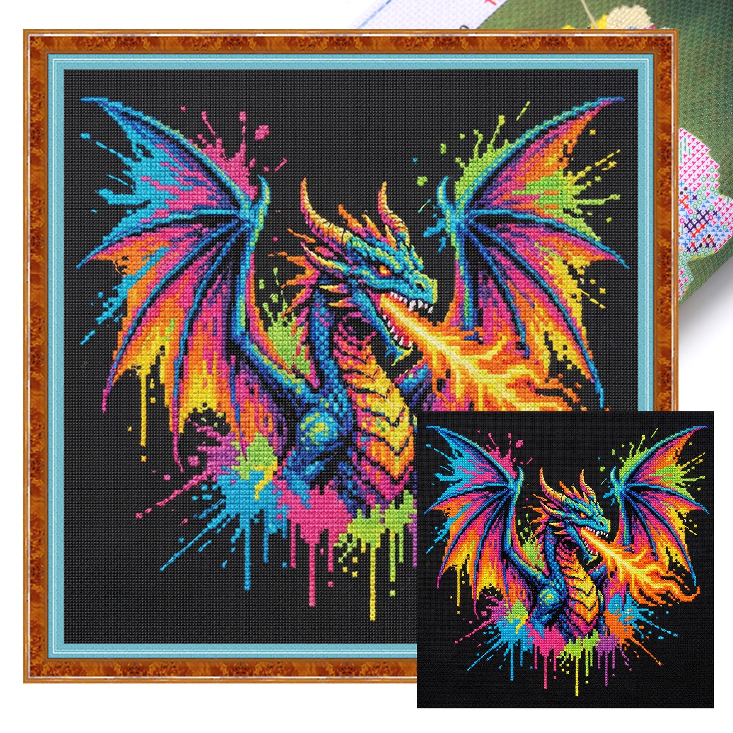 Colorful Splash Dragon - Full 14CT Stamped Cross Stitch 30x30CM - Huacan