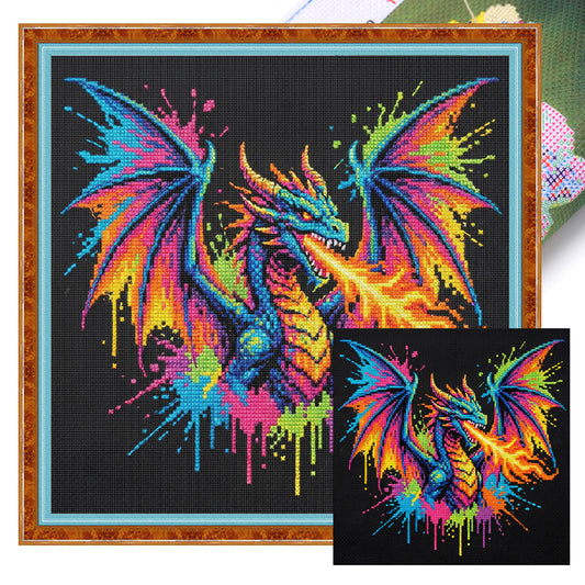 Colorful Splash Dragon - Full 14CT Stamped Cross Stitch 30x30CM - Huacan
