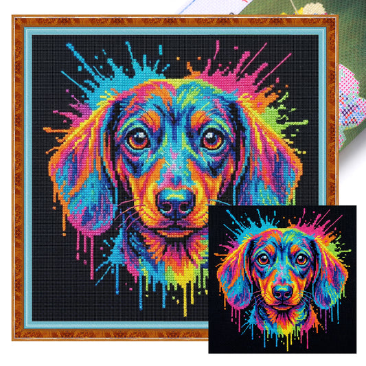 Colorful Splash Dachshund - Full 14CT Stamped Cross Stitch 30x30CM - Huacan