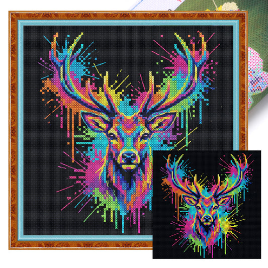 Colorful Splash Elk - Full 14CT Stamped Cross Stitch 30x30CM - Huacan
